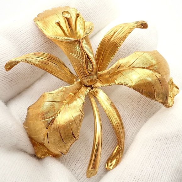 Vintage Tiffany & Co 18k Yellow Gold Large Orchid Calla Lily Pin Brooch 1950s - Picture 2 of 12